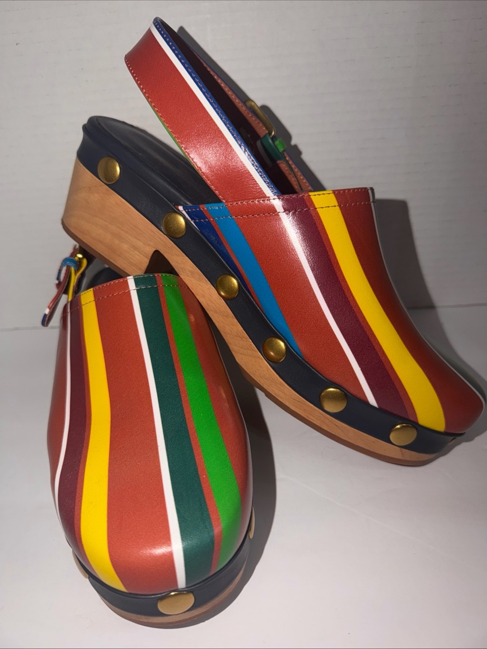 Charlotte Stone Jona Kite Stripe MultiColor Wood Platform Slingback Clog Size 12 - Picture 2 of 10